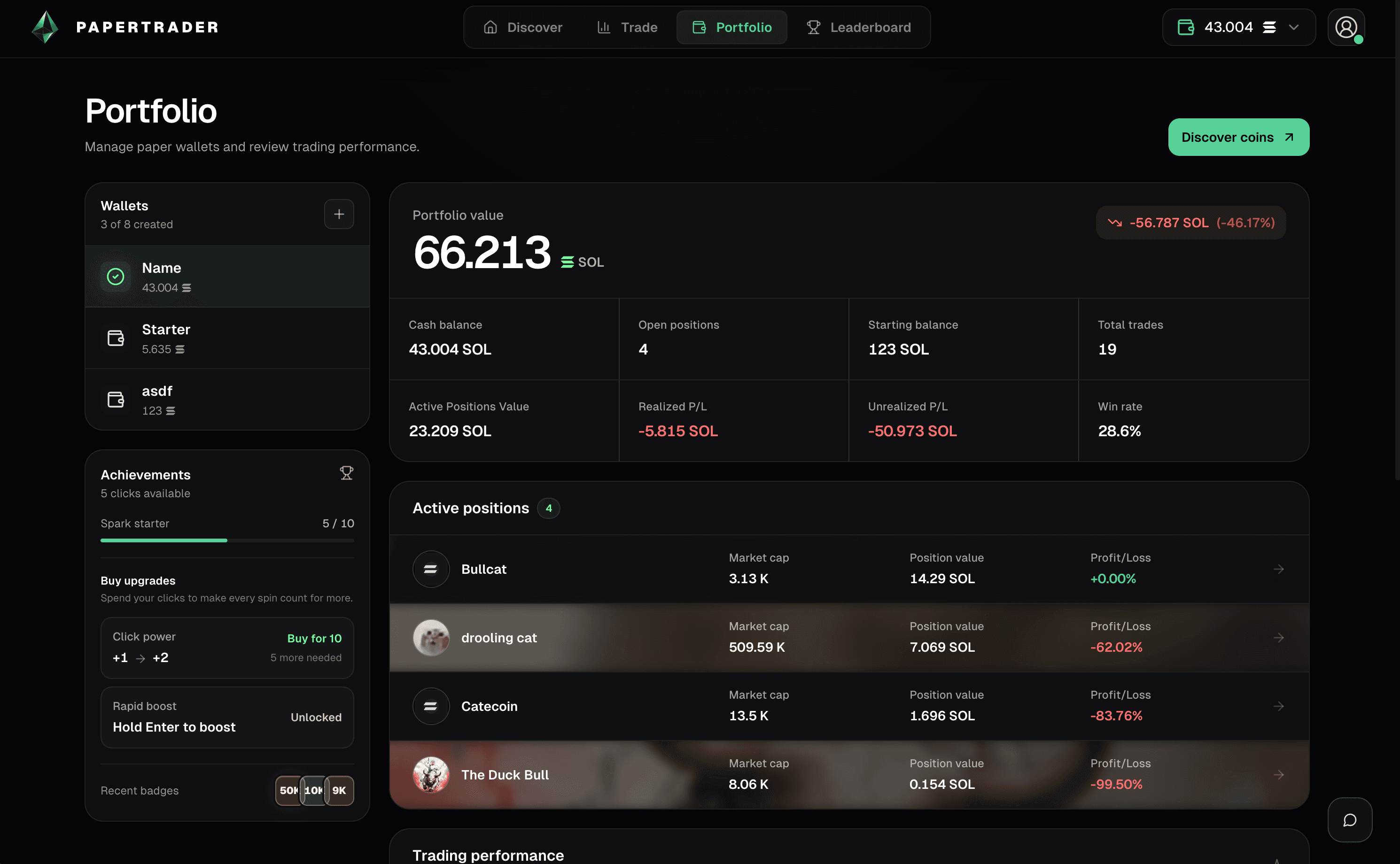 PaperTrader portfolio analytics screen